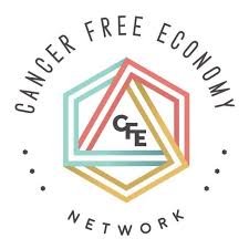 Cancer Free Economy logo Handbook-of-Ecomaterials book cover - dark blue background with red accents